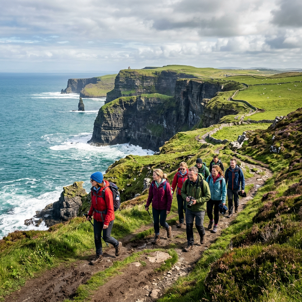 Group of people hiking on a coastal cliffside trail with ocean waves below